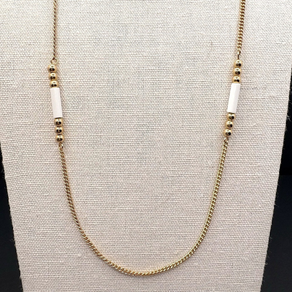 Vintage Avon Spectator Style Acrylic White Bead Gold Tone Station Necklace 24"